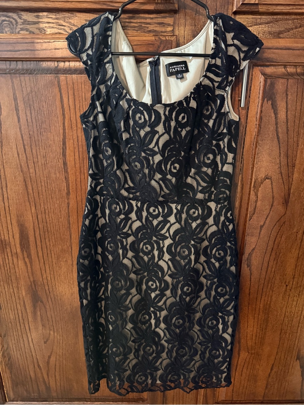 Adrianna Papell Black Lace Midi Dress with Nude Underlay